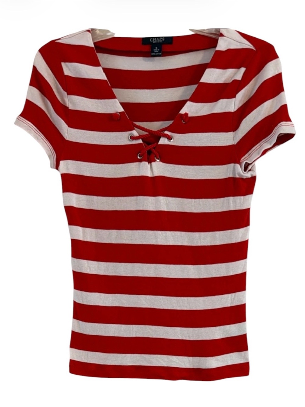 Chaps Red & White Striped Lace-Up Short Sleeve Nautical Tee Size S